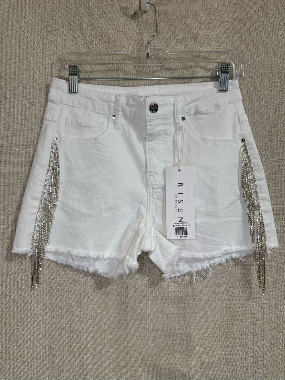 NWT RISEN Martina High Rise Rhinestone Fringe White Denim Shorts